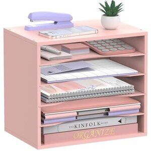 5 Tier Wood Desk Organizer Paper Tray File Sorter Desktop Storage Shelves Pink